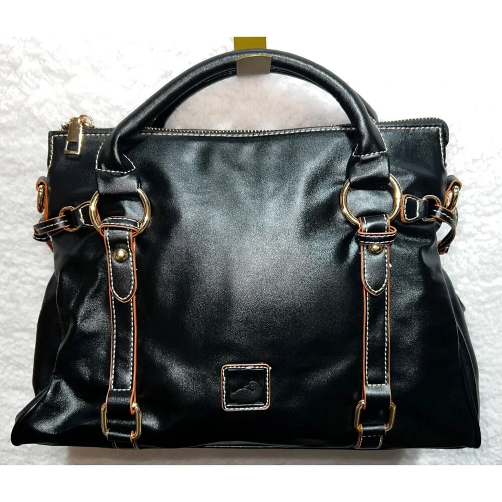 Black Leather Handbag w Gold Hardware & Tassel Accents Red Interior Pockets - Picture 2 of 9